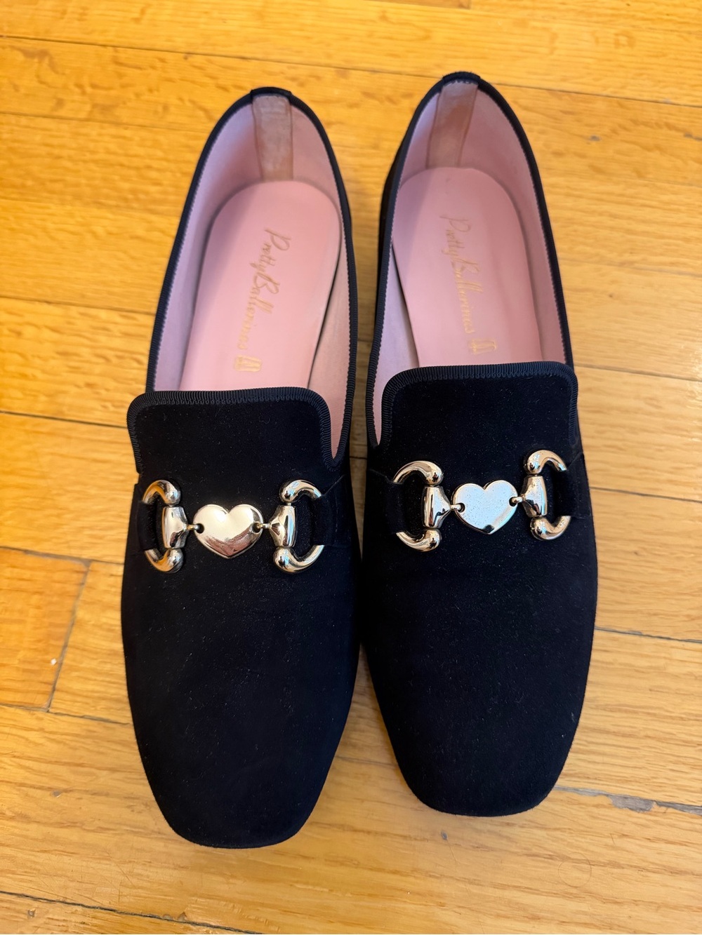 Pretty Ballerinas Black Suede Loafers with Gold Heart Bit size EU 40